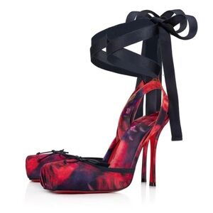 Christian Louboutin Cassia Lace Up Floral Slingback Stiletto Heels Size 39